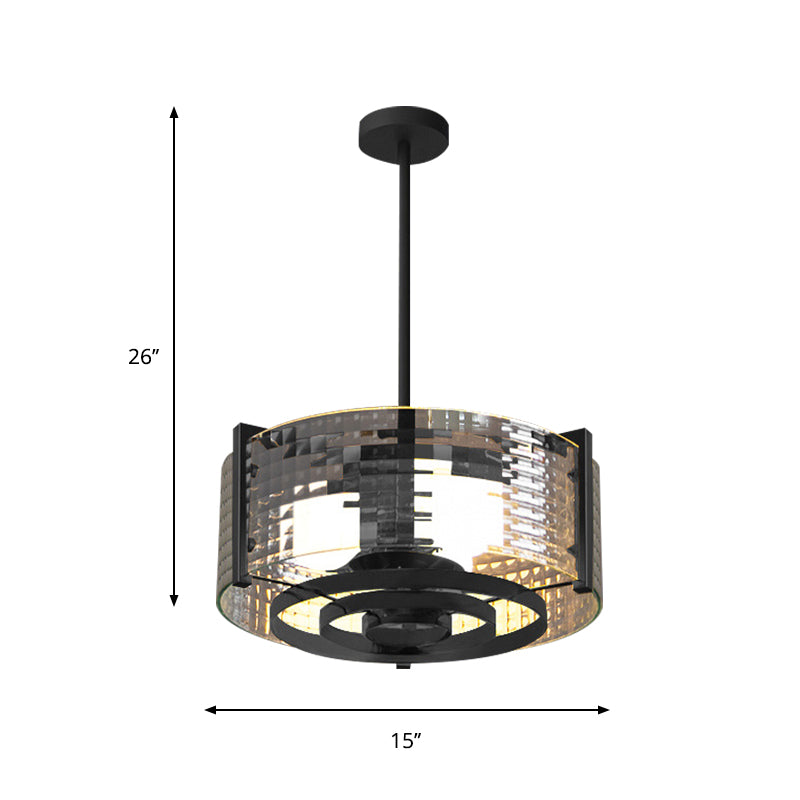 Schwarz 3-Kopf-Halbflush-Halterung Leichter Vintage Clear Gitter/Streifenglas-Trommel Deckenlampenleuchte