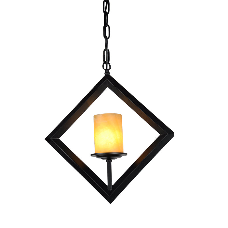 1 Light Metal Hanging Light Kit Farmhouse Black Finish Squared Frame Dining Room Pendant with Cylinder Dolomite Shade