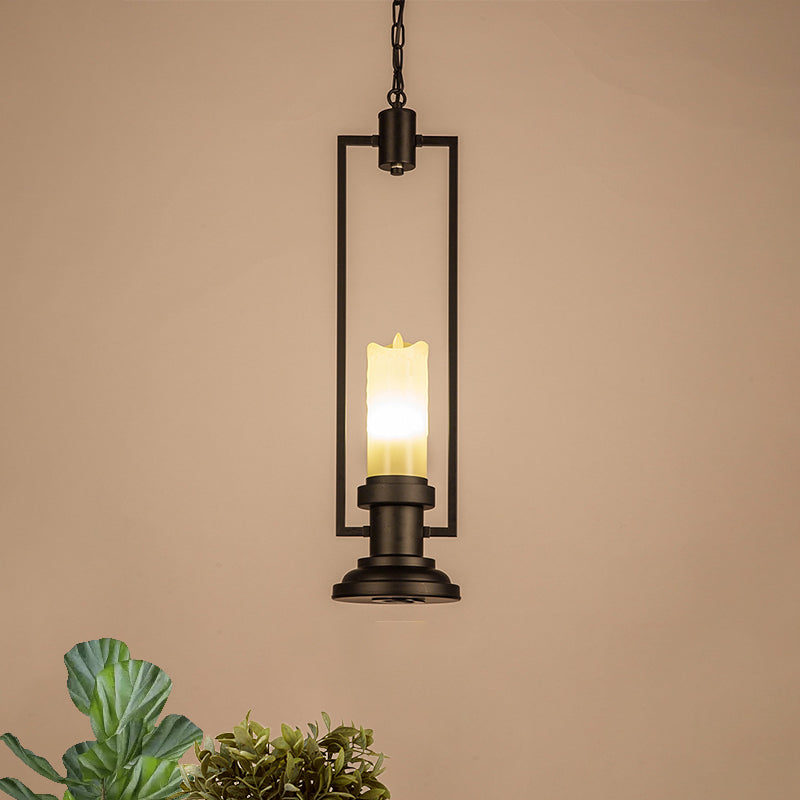 Candle Restaurant Suspension Light Vintage Resin 1 Head Black Pendant Lamp Fixture with Rectangle Frame