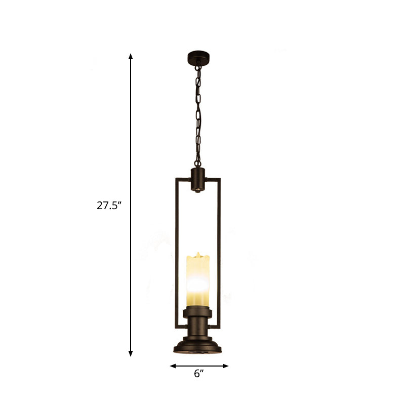 Candle Restaurant Suspension Light Vintage Resin 1 Head Black Pendant Lamp Fixture with Rectangle Frame