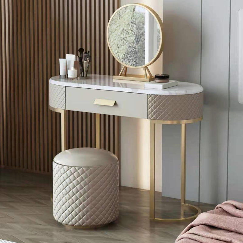 Glam with Drawer Marble Lighted Mirror With Stool Makeup Vanity Desk