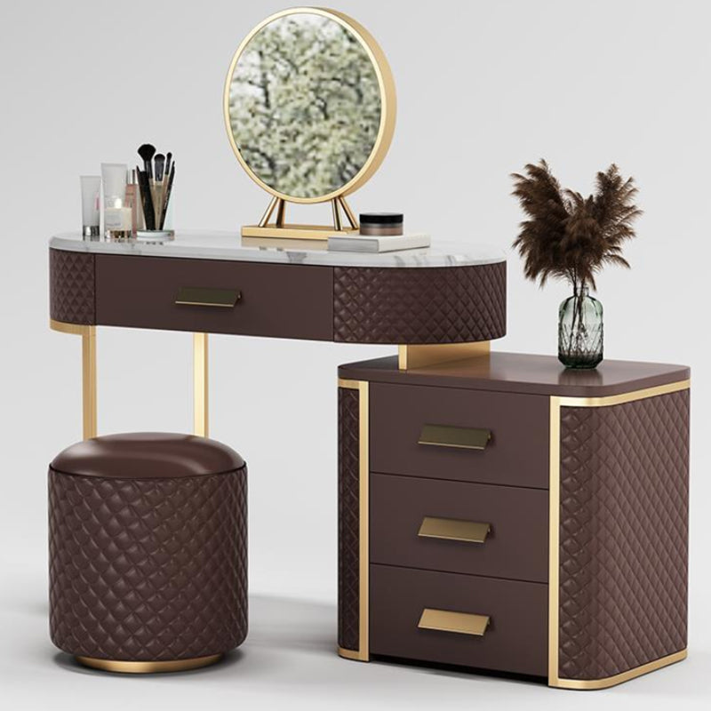 Glam with Drawer Marble Lighted Mirror With Stool Makeup Vanity Desk