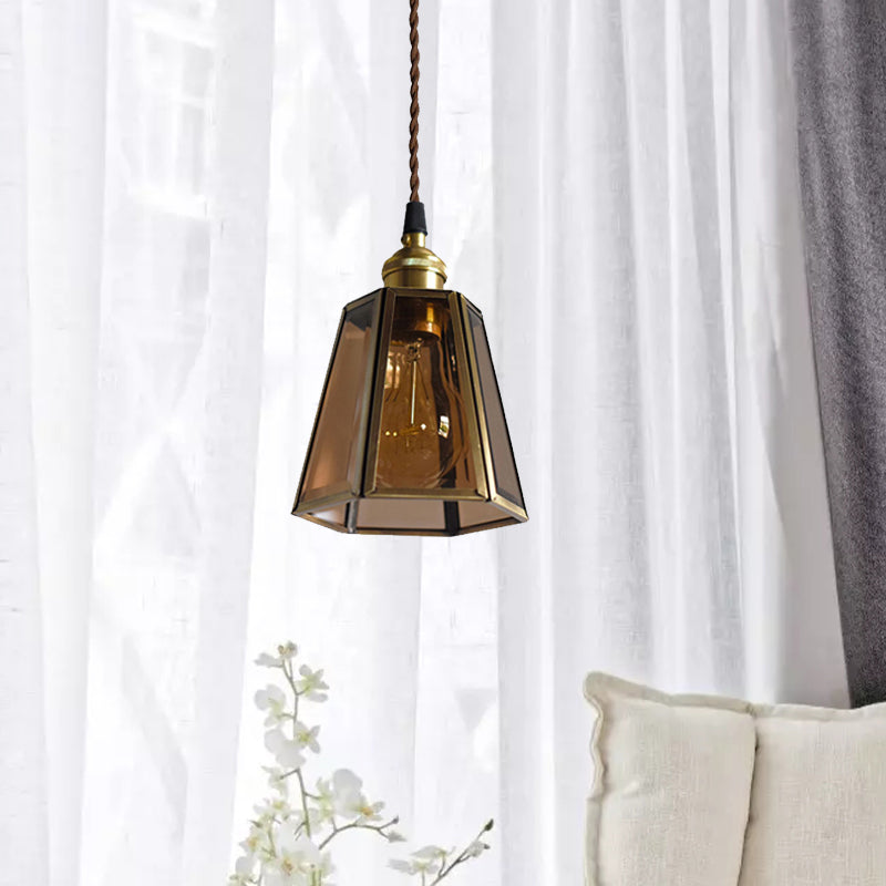 Clear/Amber Glass Hexagon Drop Pendant Light Antiqued 1 Head Bedside Hanging Lamp Fixture in Brass