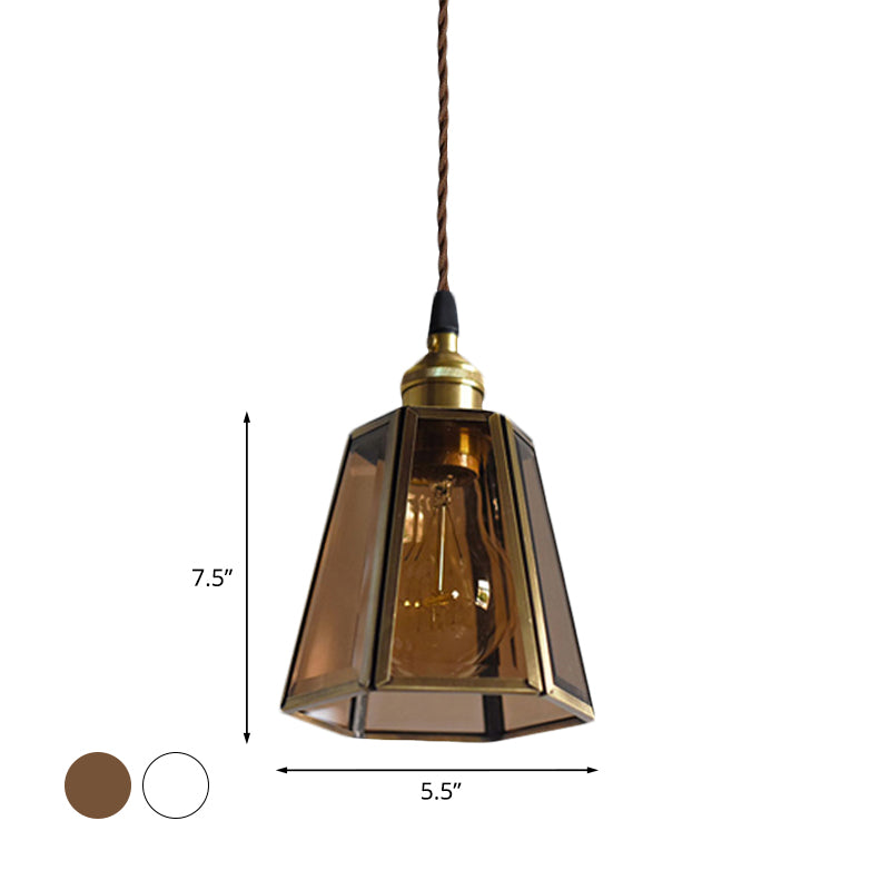 Clear/Amber Glass Hexagon Drop Pendant Light Antiqued 1 Head Bedside Hanging Lamp Fixture in Brass