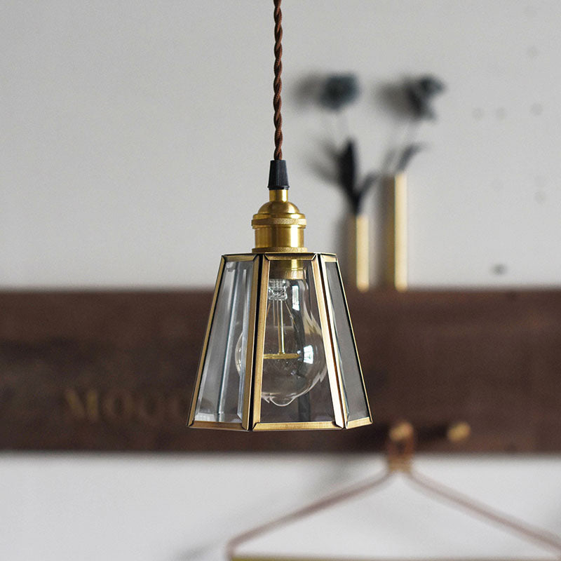 Clear/Amber Glass Hexagon Drop Pendant Light Antiqued 1 Head Bedside Hanging Lamp Fixture in Brass