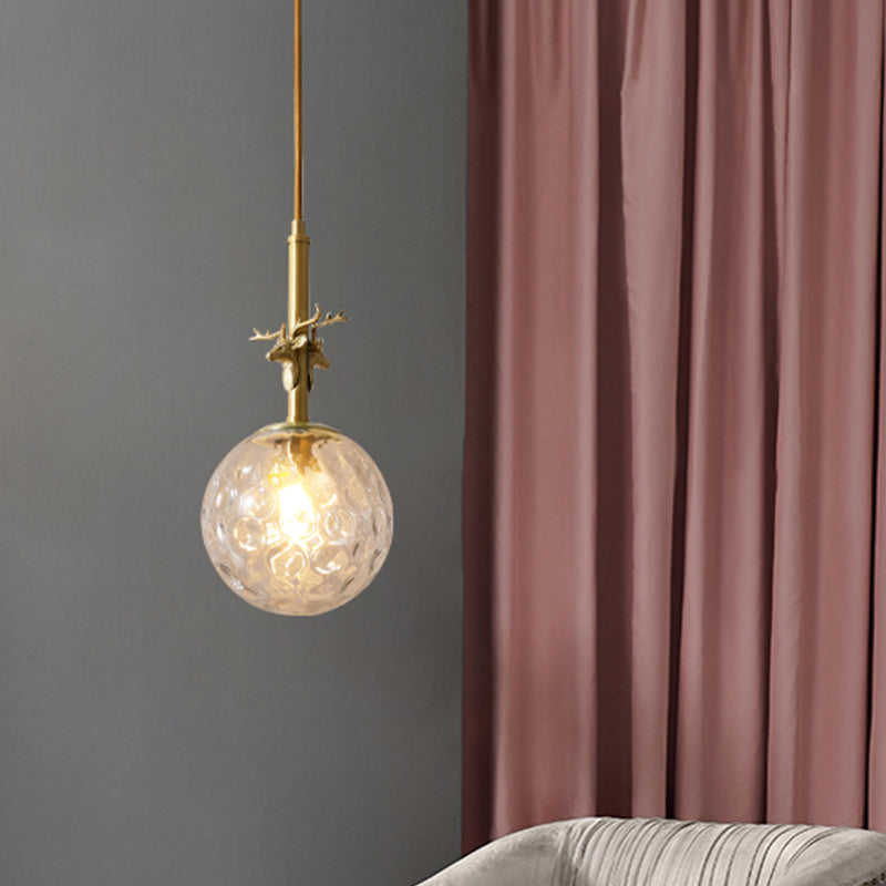 Traditional Sphere Pendulum Light 1 Head Clear Dimpled Glass Hanging Ceiling Lamp in Brass