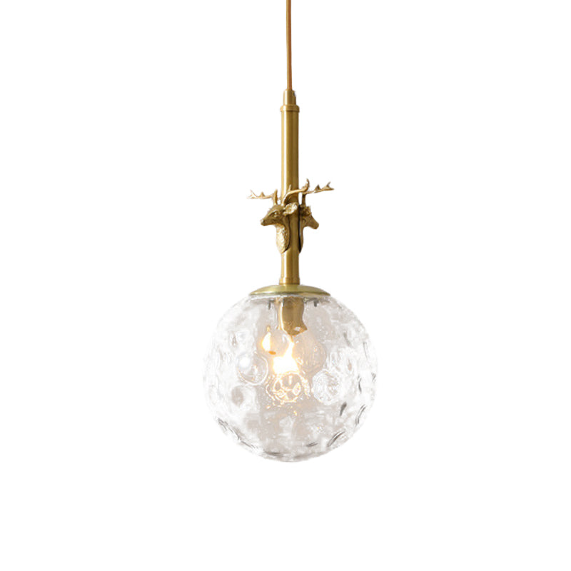 Traditional Sphere Pendulum Light 1 Head Clear Dimpled Glass Hanging Ceiling Lamp in Brass