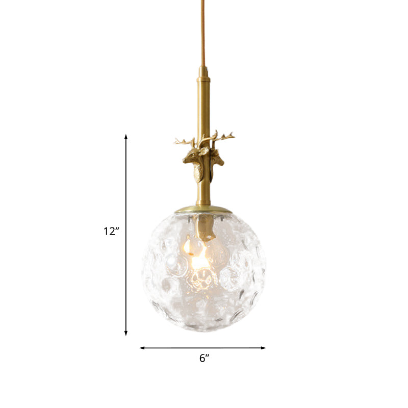 Traditional Sphere Pendulum Light 1 Head Clear Dimpled Glass Hanging Ceiling Lamp in Brass