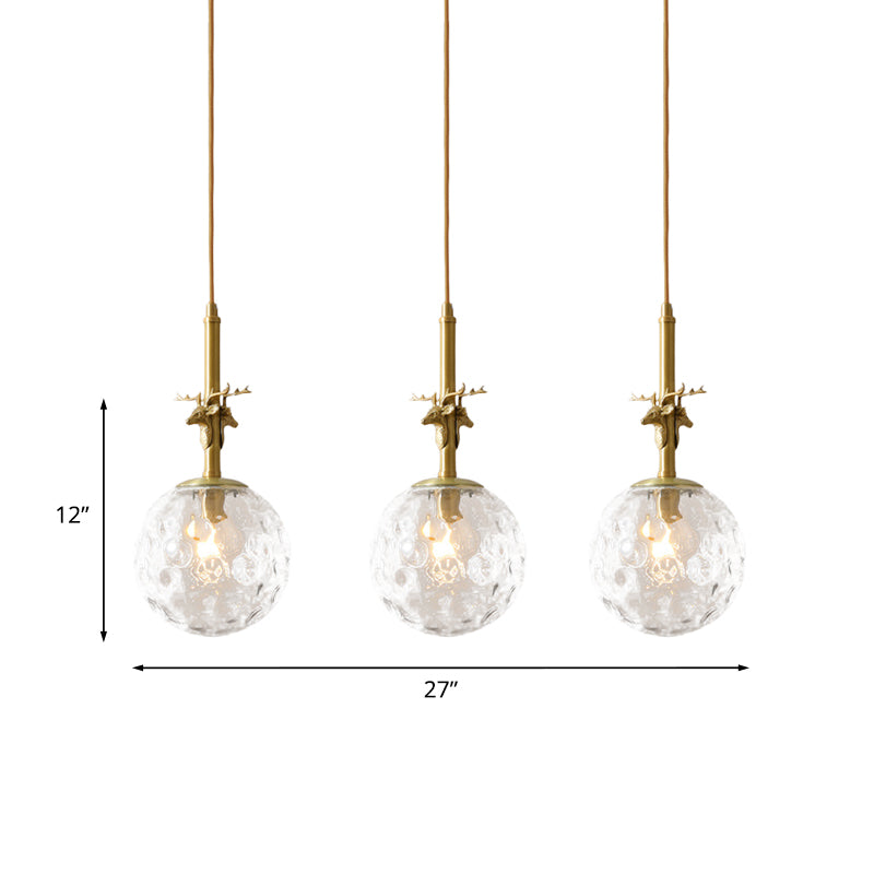 3 Lights Ball Multi Light Pendant Traditional Brass Finish Clear Dimpled Glass Ceiling Lamp with Antler Deco