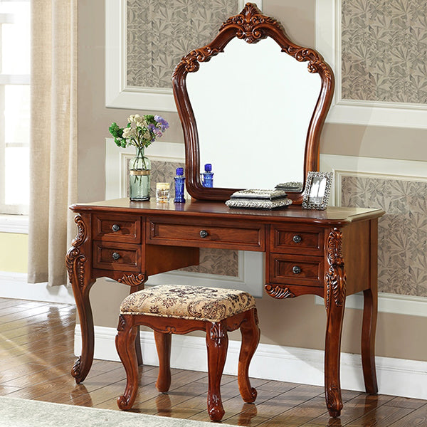 3-Piece Standing Brown Vanity Dressing Table Set with Makeup Table and Stool