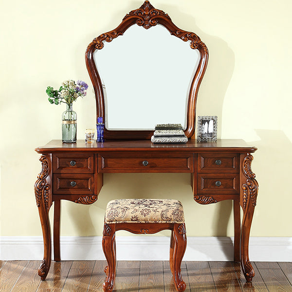 3-Piece Standing Brown Vanity Dressing Table Set with Makeup Table and Stool