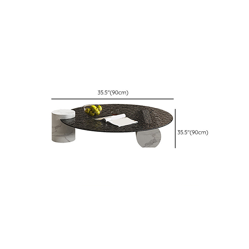 9"H Single Round Black Marble Coffee Cocktail Table with Glass Top