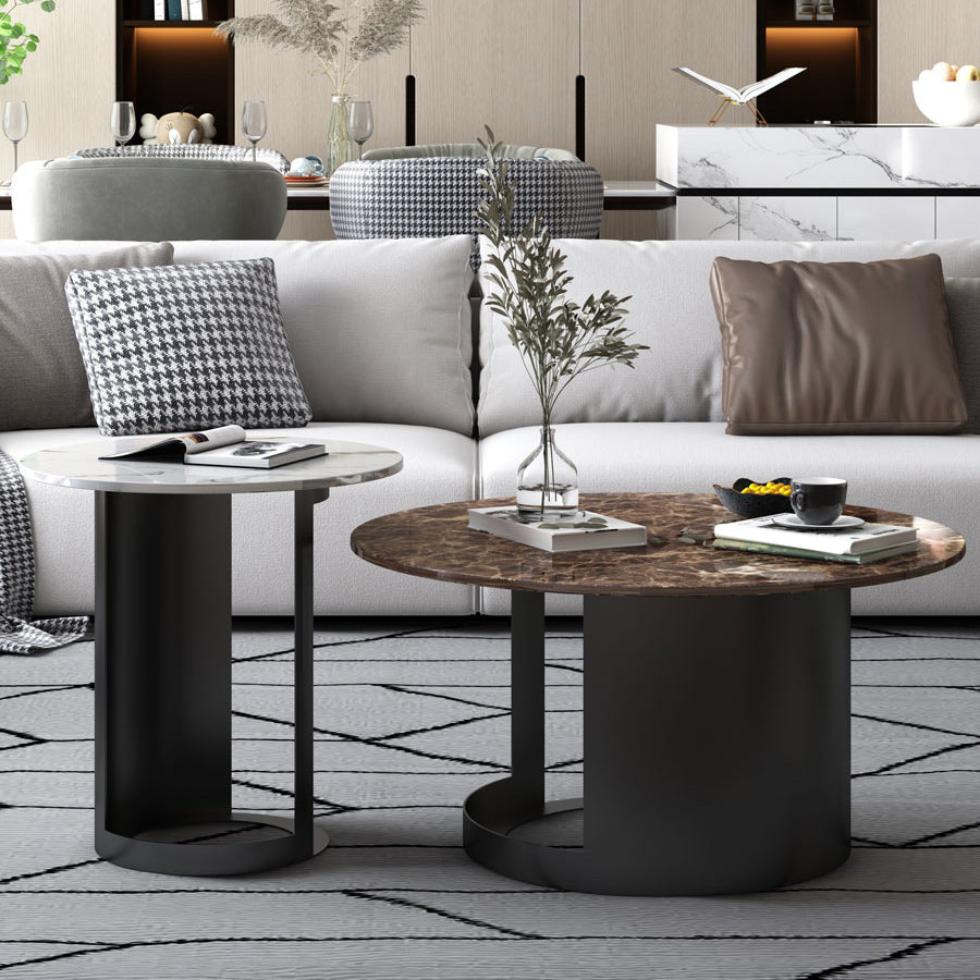 Single Round Pedestal Black Coffee Cocktail Table with Marble Top