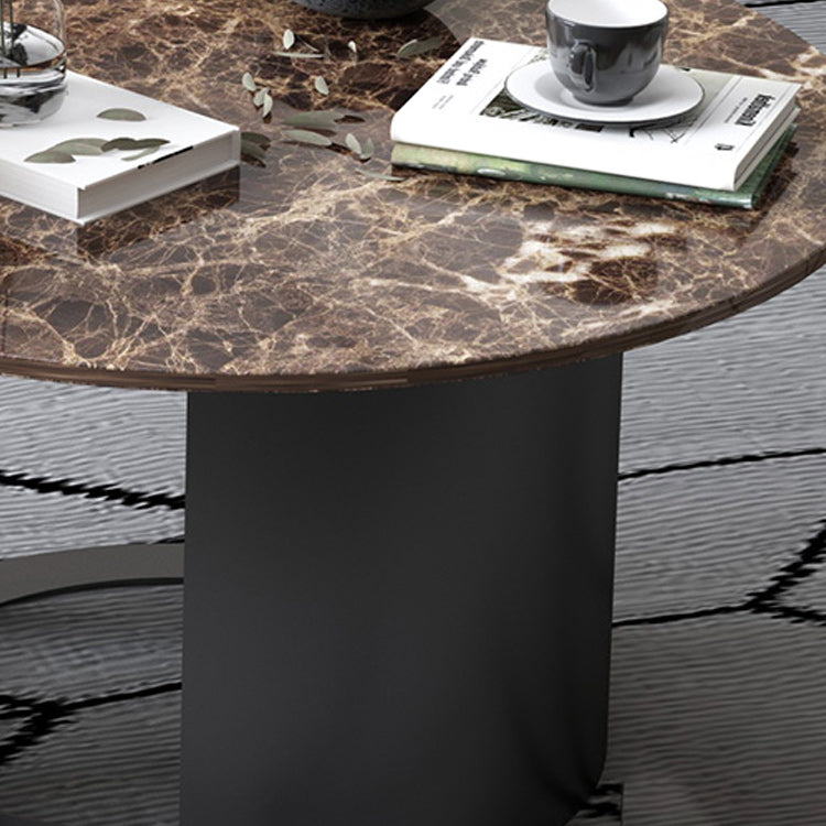 Single Round Pedestal Black Coffee Cocktail Table with Marble Top