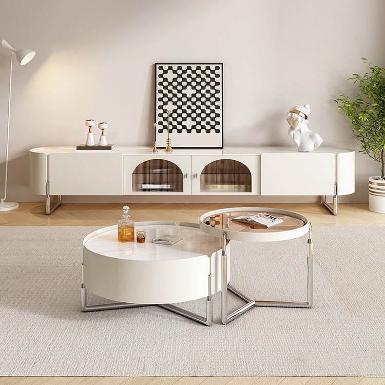 31" Wide White Contemporary Slate Round Nesting Coffee Table Set