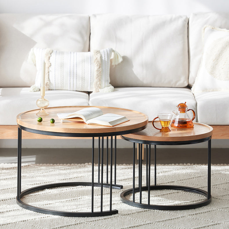 Solid Wood Frame Industrial Natural Round 2 Nesting Coffee Table Set