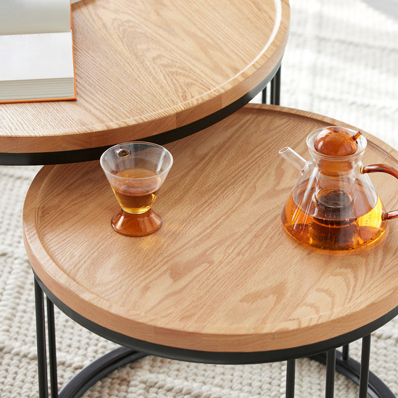 Solid Wood Frame Industrial Natural Round 2 Nesting Coffee Table Set