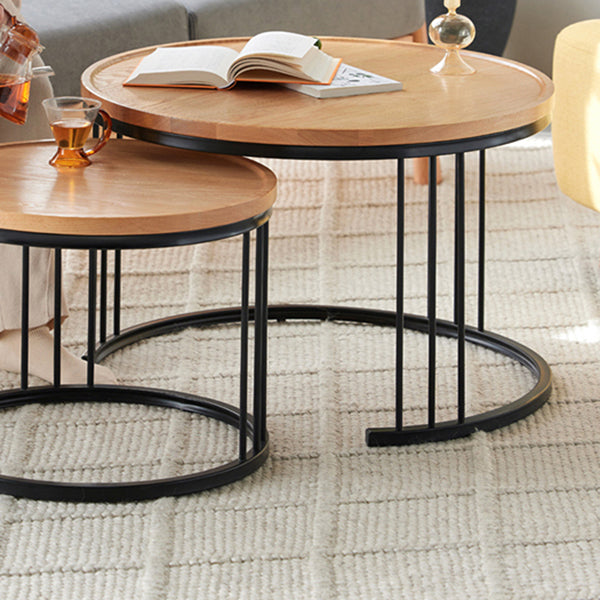 Solid Wood Frame Industrial Natural Round 2 Nesting Coffee Table Set