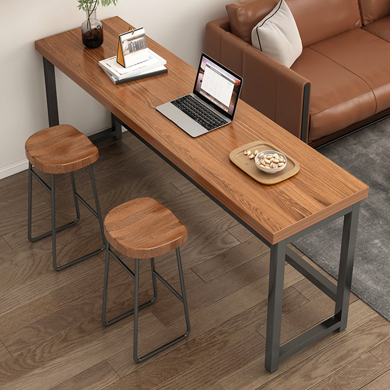 Industrial Wooden Counter Table with Metal Trestle Base in Brown