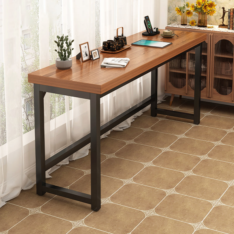 Industrial Wooden Counter Table with Metal Trestle Base in Brown