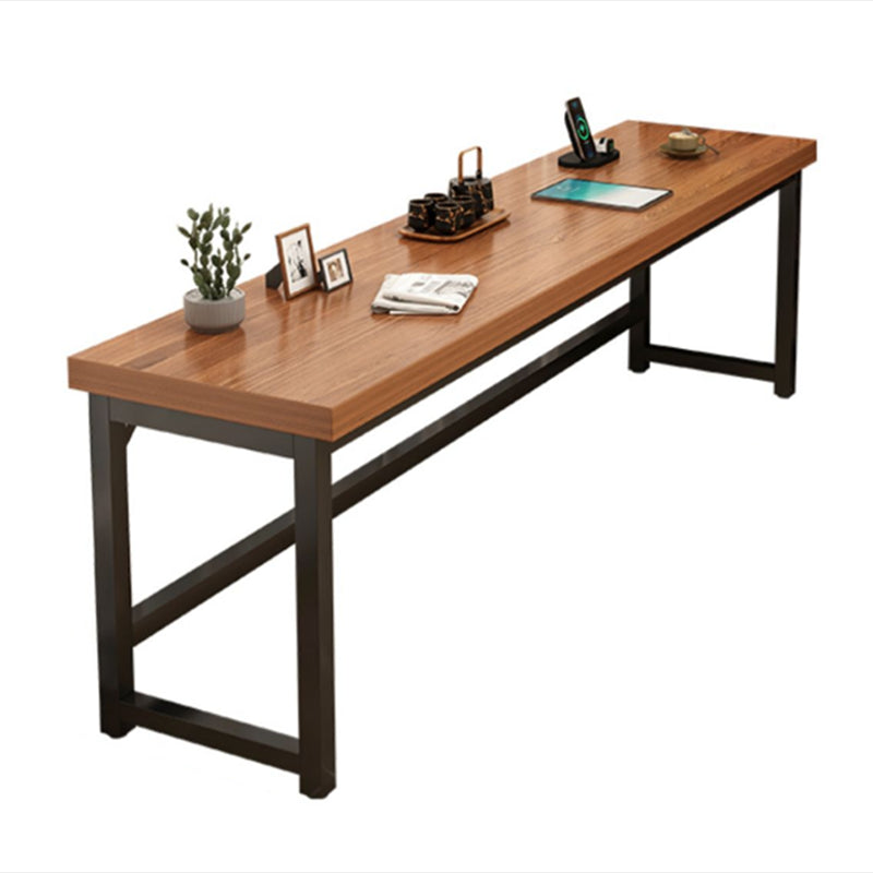 Industrial Wooden Counter Table with Metal Trestle Base in Brown