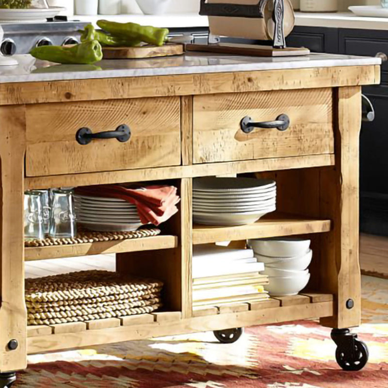 Modern Rectangle Kitchen Cart with Pine Wood Base and 2 Drawers