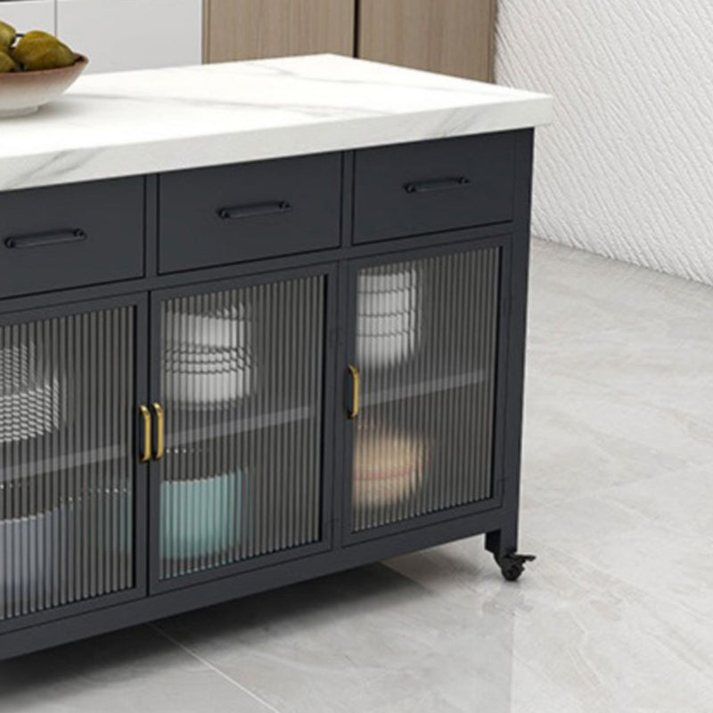 Modern Faux Marble Rectangle Kitchen Cart with Metal Base and Drawers