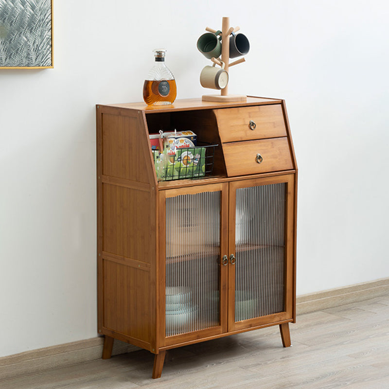 Contemporary Brown Bamboo Sideboard Cabinet Glass Buffet Table