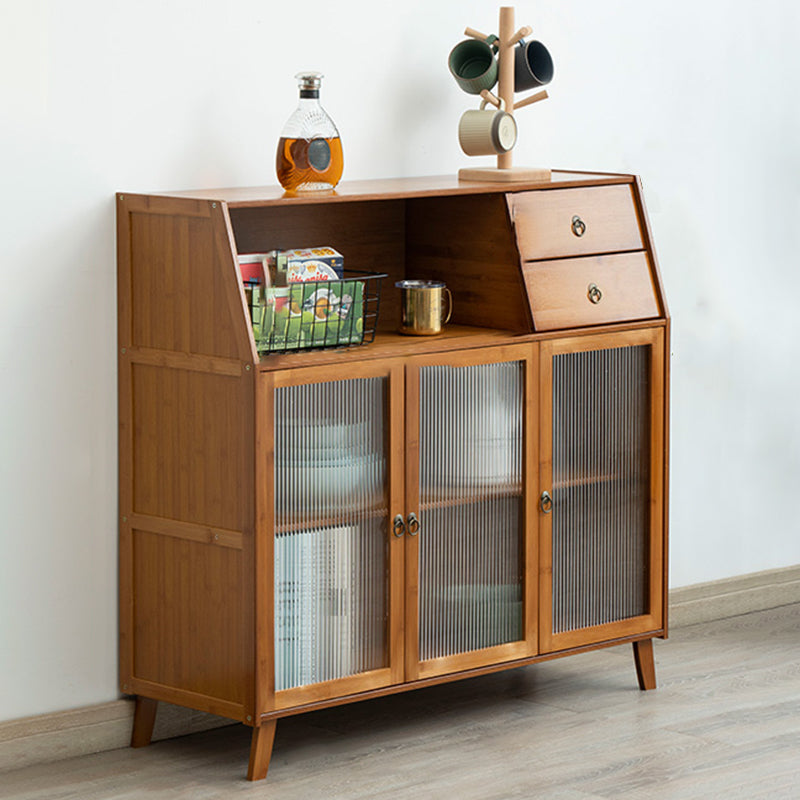 Contemporary Brown Bamboo Sideboard Cabinet Glass Buffet Table