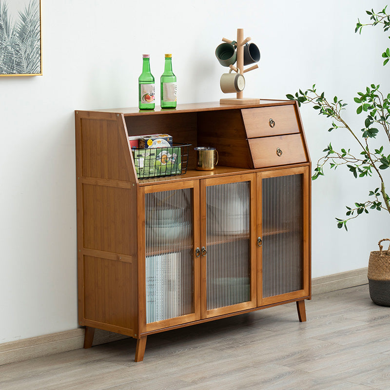 Contemporary Brown Bamboo Sideboard Cabinet Glass Buffet Table