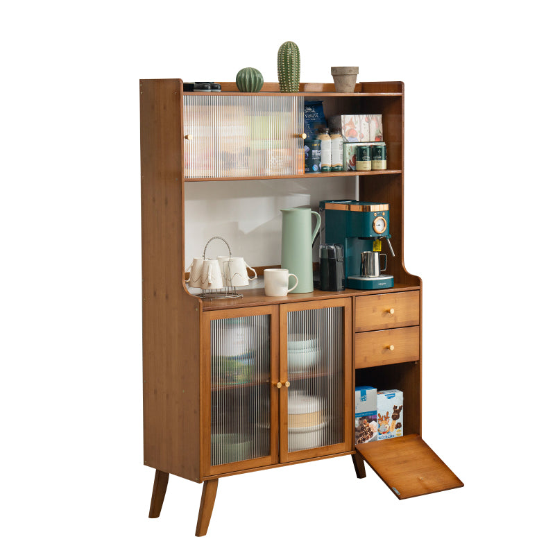 Contemporary Brown Bamboo Sideboard Cabinet Glass Buffet Table