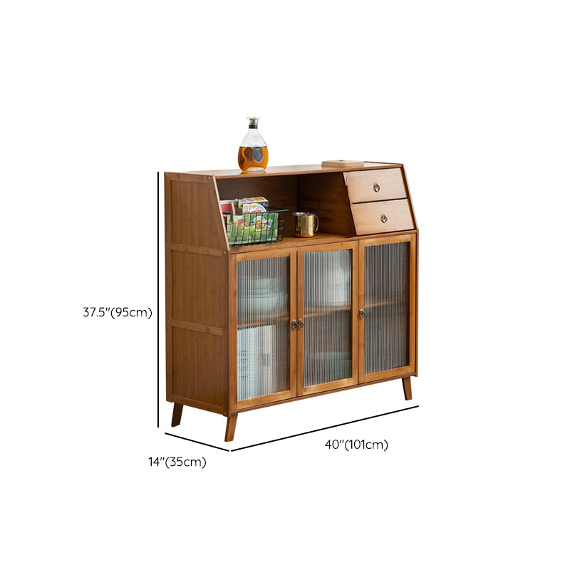 Contemporary Brown Bamboo Sideboard Cabinet Glass Buffet Table