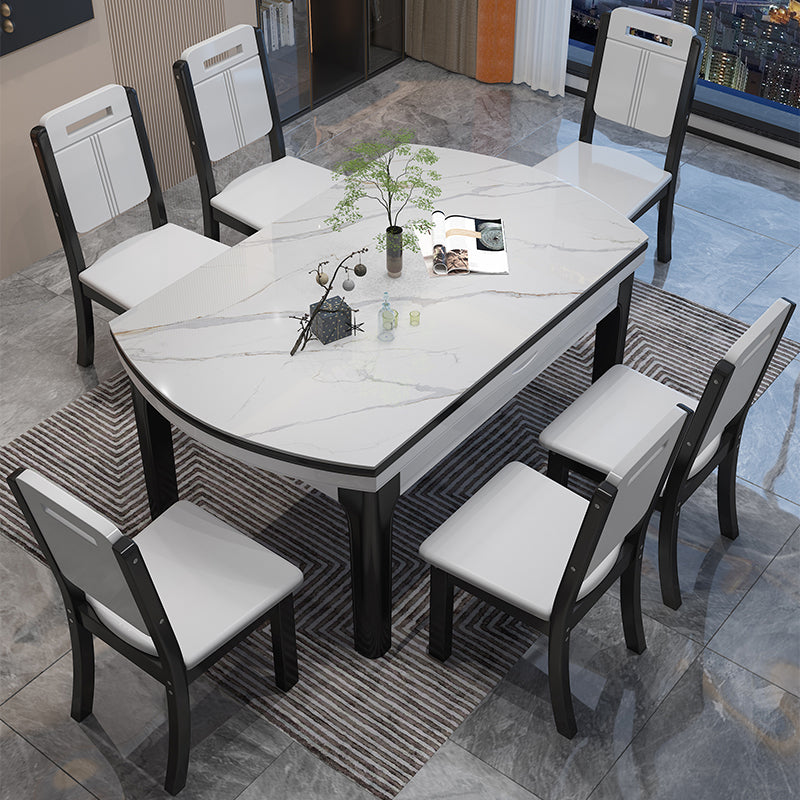 7 Pieces Dining Set with Stone Top Table and White Wooden Chairs
