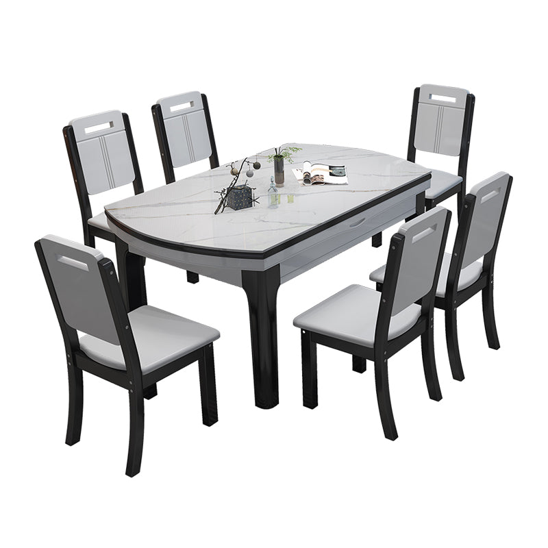 7 Pieces Dining Set with Stone Top Table and White Wooden Chairs