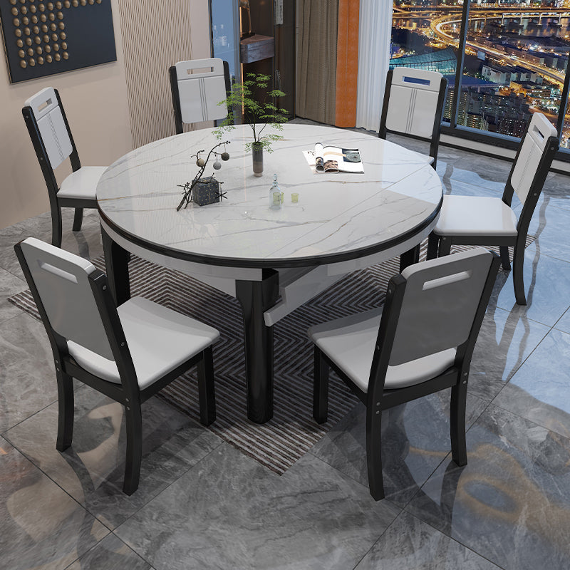 7 Pieces Dining Set with Stone Top Table and White Wooden Chairs