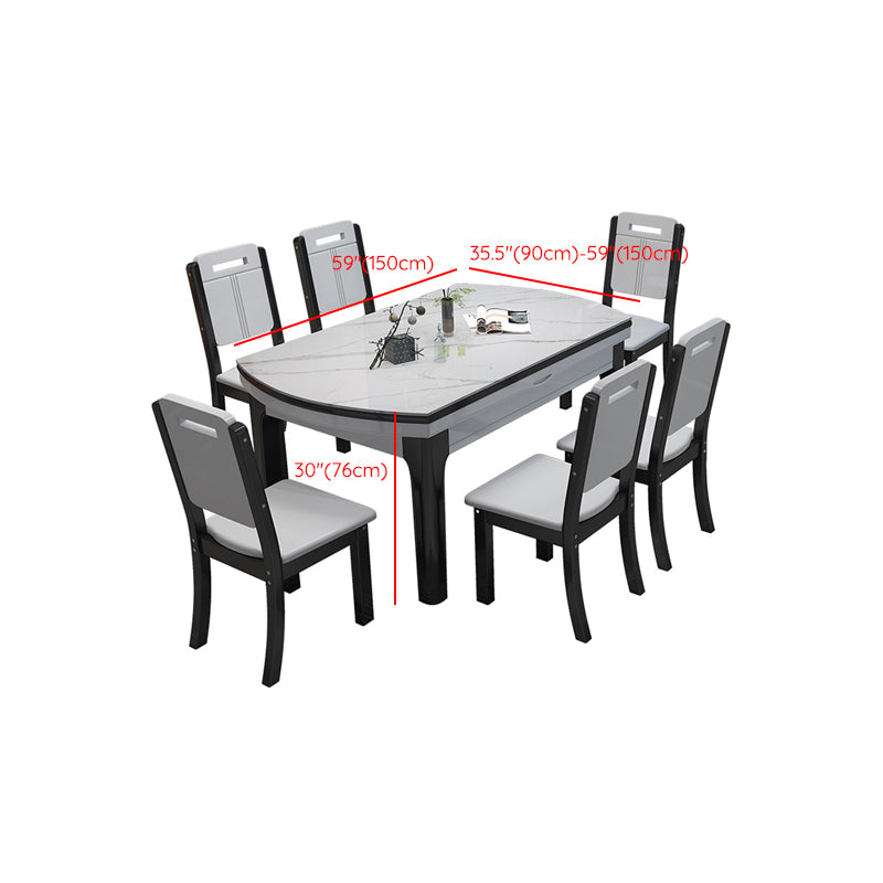 7 Pieces Dining Set with Stone Top Table and White Wooden Chairs