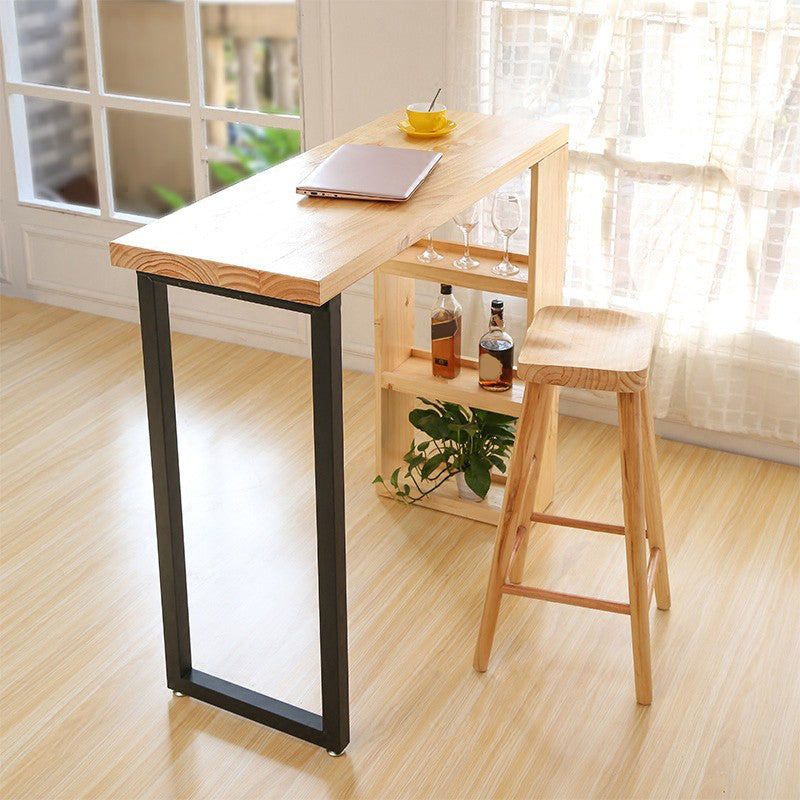 Contemporary Storage Solid Wood Counter Table with Metal Base