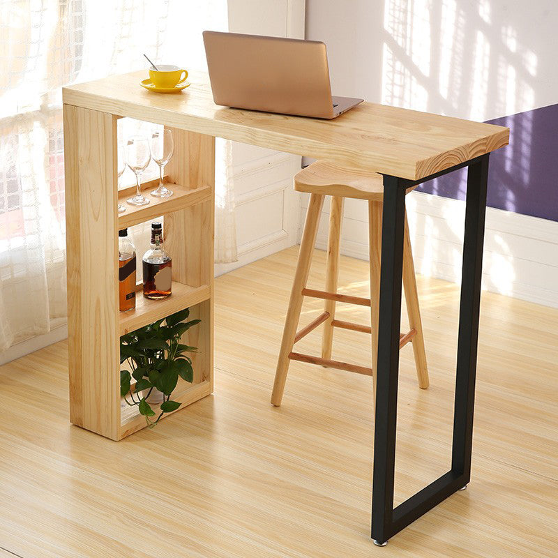 Contemporary Storage Solid Wood Counter Table with Metal Base