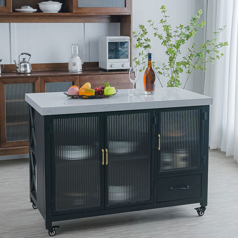 Rectangular Contemporary Kitchen Island Cart with Black Metal Base