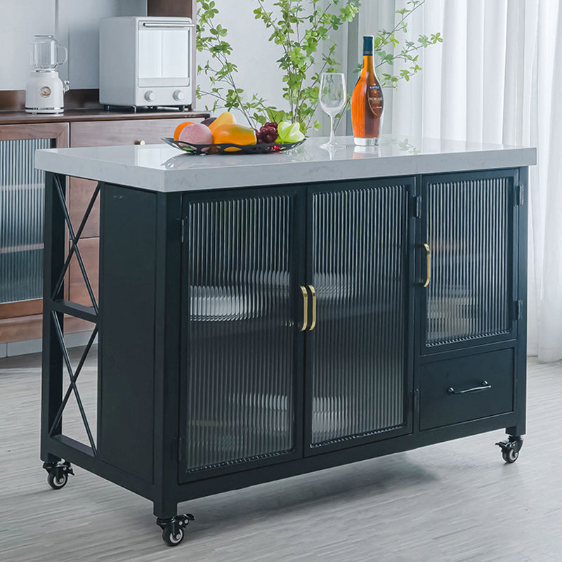 Rectangular Contemporary Kitchen Island Cart with Black Metal Base