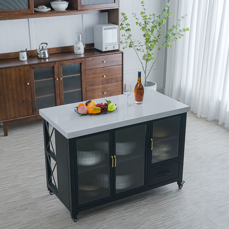 Rectangular Contemporary Kitchen Island Cart with Black Metal Base