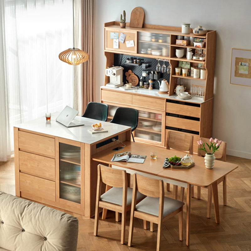 Stone Top Rectangle Kitchen Island Table with Rubberwood Base