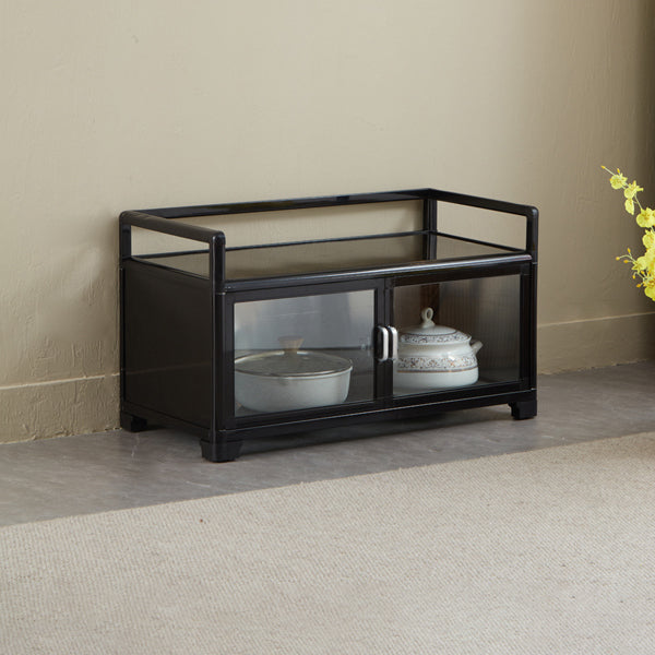 Contemporary Black Metal Sideboard Glass Doors Buffet Table for Living Room