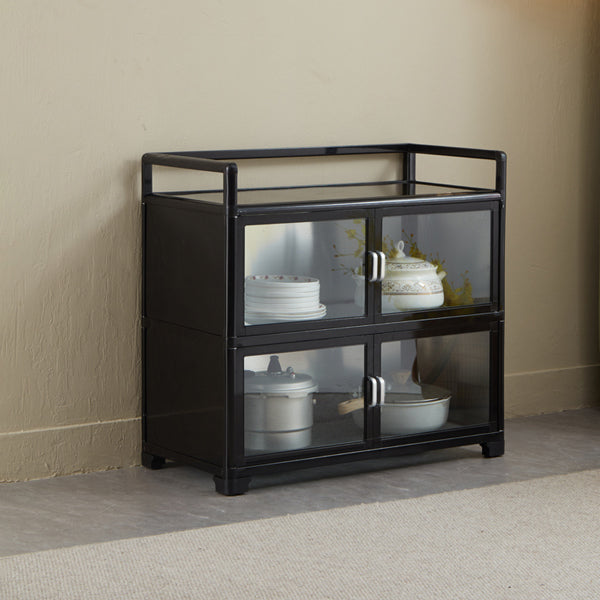 Contemporary Black Metal Sideboard Glass Doors Buffet Table for Living Room