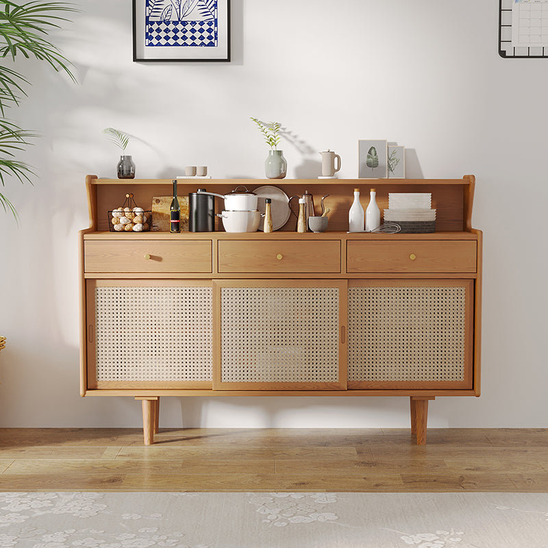 Brown Glass Doors Contemporary Sideboard Solid Wood Buffet Table for Living Room