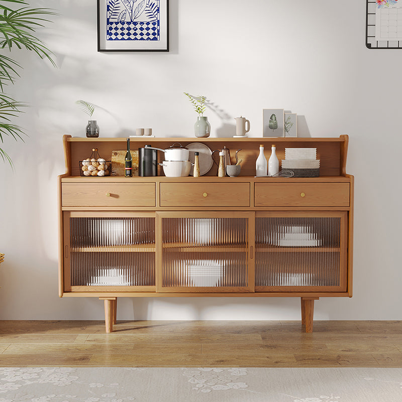 Brown Glass Doors Contemporary Sideboard Solid Wood Buffet Table for Living Room