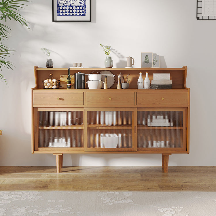 Brown Glass Doors Contemporary Sideboard Solid Wood Buffet Table for Living Room