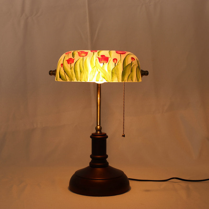 1 Bulb Green Glass Table Lighting Korean Garden Red Brown Flower Bush Pattern Bedroom Nightstand Lamp with Pull Chain