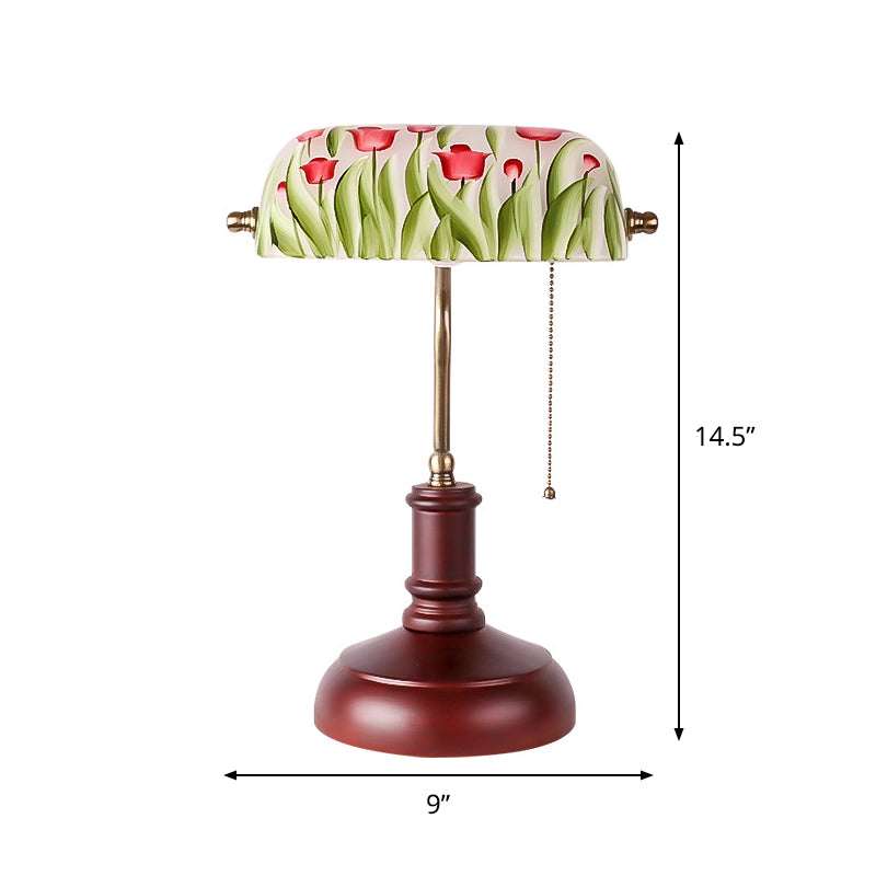 1 Bulb Green Glass Table Lighting Korean Garden Red Brown Flower Bush Pattern Bedroom Nightstand Lamp with Pull Chain