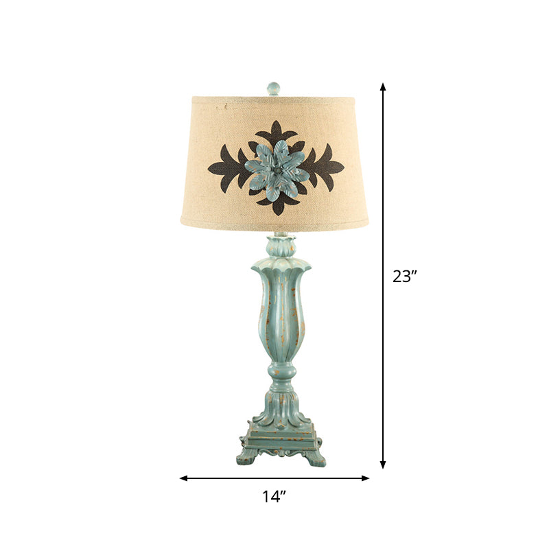 Blue Single-Bulb Table Lamp Countryside Flower Patterned Fabric Round Shade Night Stand Light